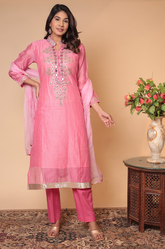 Pink Zardozi Kurta Set: Indian Wedding Outfit, Silk Blend Dress