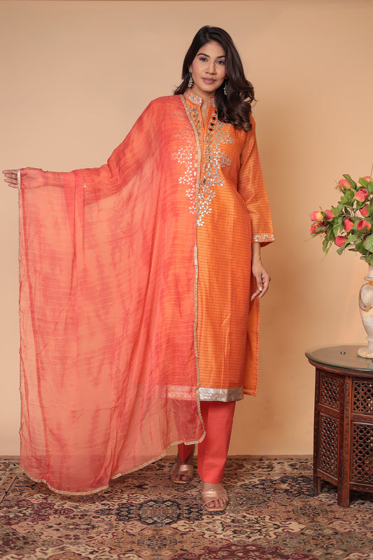 Orange Zardozi Kurta Set: Indian Silk Blend Suit with Chiffon Dupatta