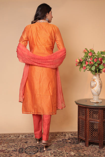 Orange Zardozi Kurta Set: Indian Silk Blend Suit with Chiffon Dupatta