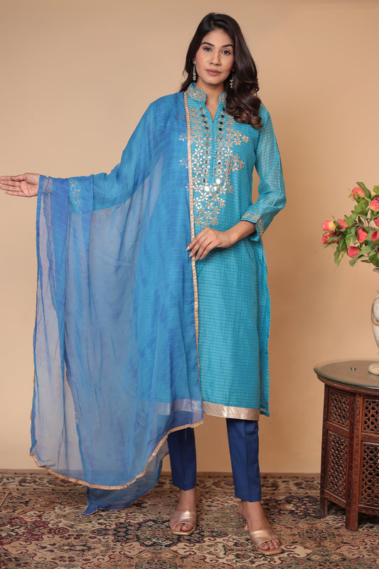 Blue Zardozi Kurta Set: Silk Blend Indian Wedding Guest Outfit