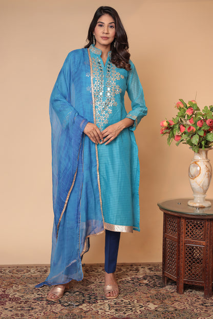 Blue Zardozi Kurta Set: Silk Blend Indian Wedding Guest Outfit