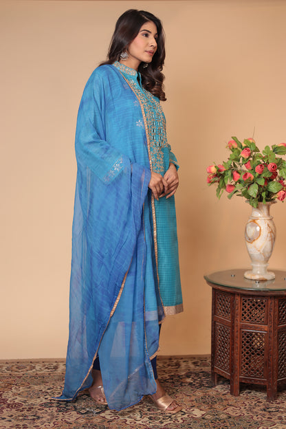 Blue Zardozi Kurta Set: Silk Blend Indian Wedding Guest Outfit