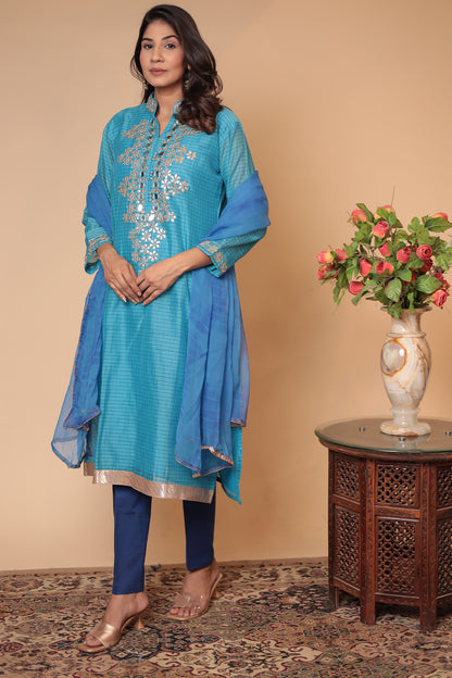 Blue Zardozi Kurta Set: Silk Blend Indian Wedding Guest Outfit