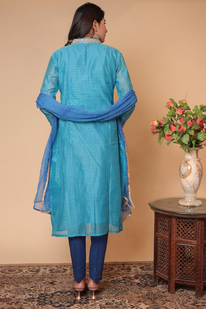 Blue Zardozi Kurta Set: Silk Blend Indian Wedding Guest Outfit