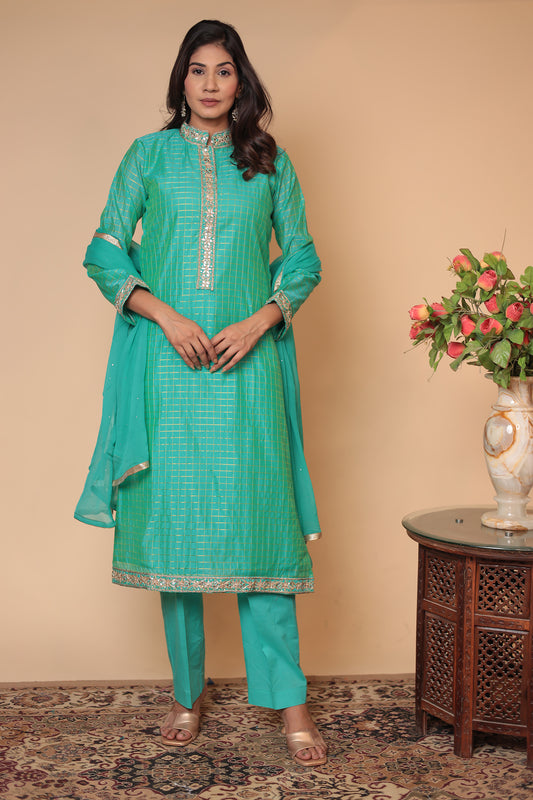 Green Zardozi Kurta Pant Set with Dupatta - Indian Party Wear