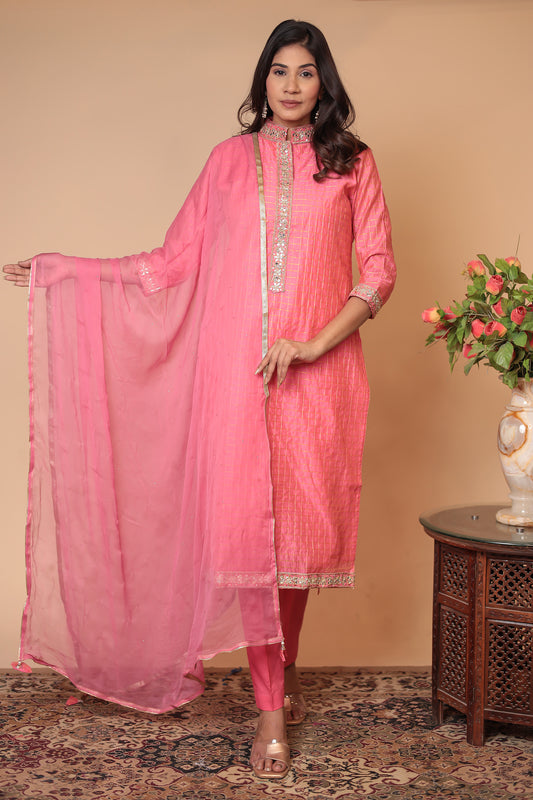 Pink Straight Kurta Set, Party Wear Salwar Kameez, Festive Indian Outfit with Dupatta