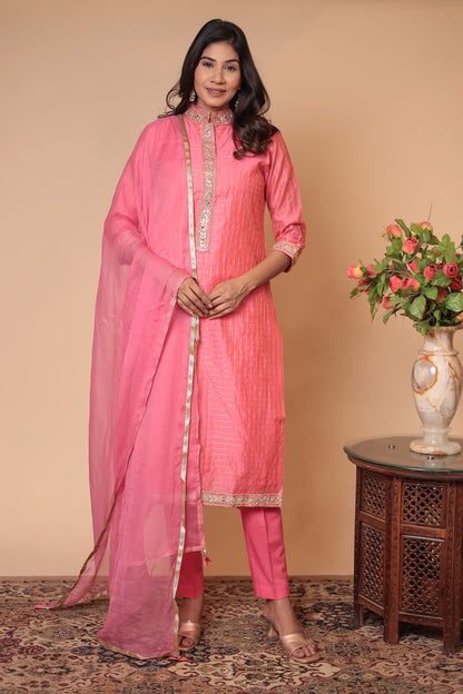 Pink Straight Kurta Set, Party Wear Salwar Kameez, Festive Indian Outfit with Dupatta