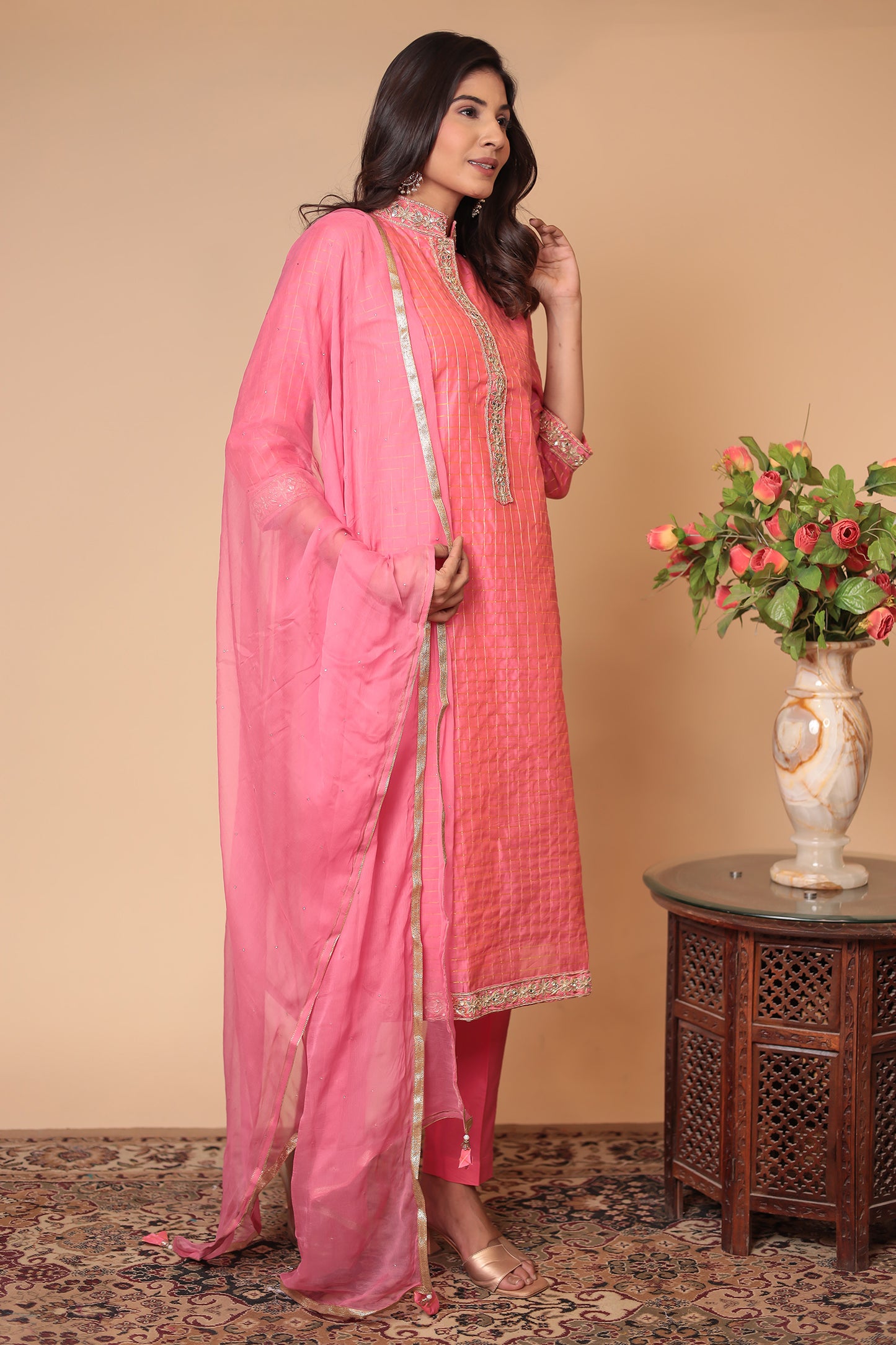 Pink Straight Kurta Set, Party Wear Salwar Kameez, Festive Indian Outfit with Dupatta
