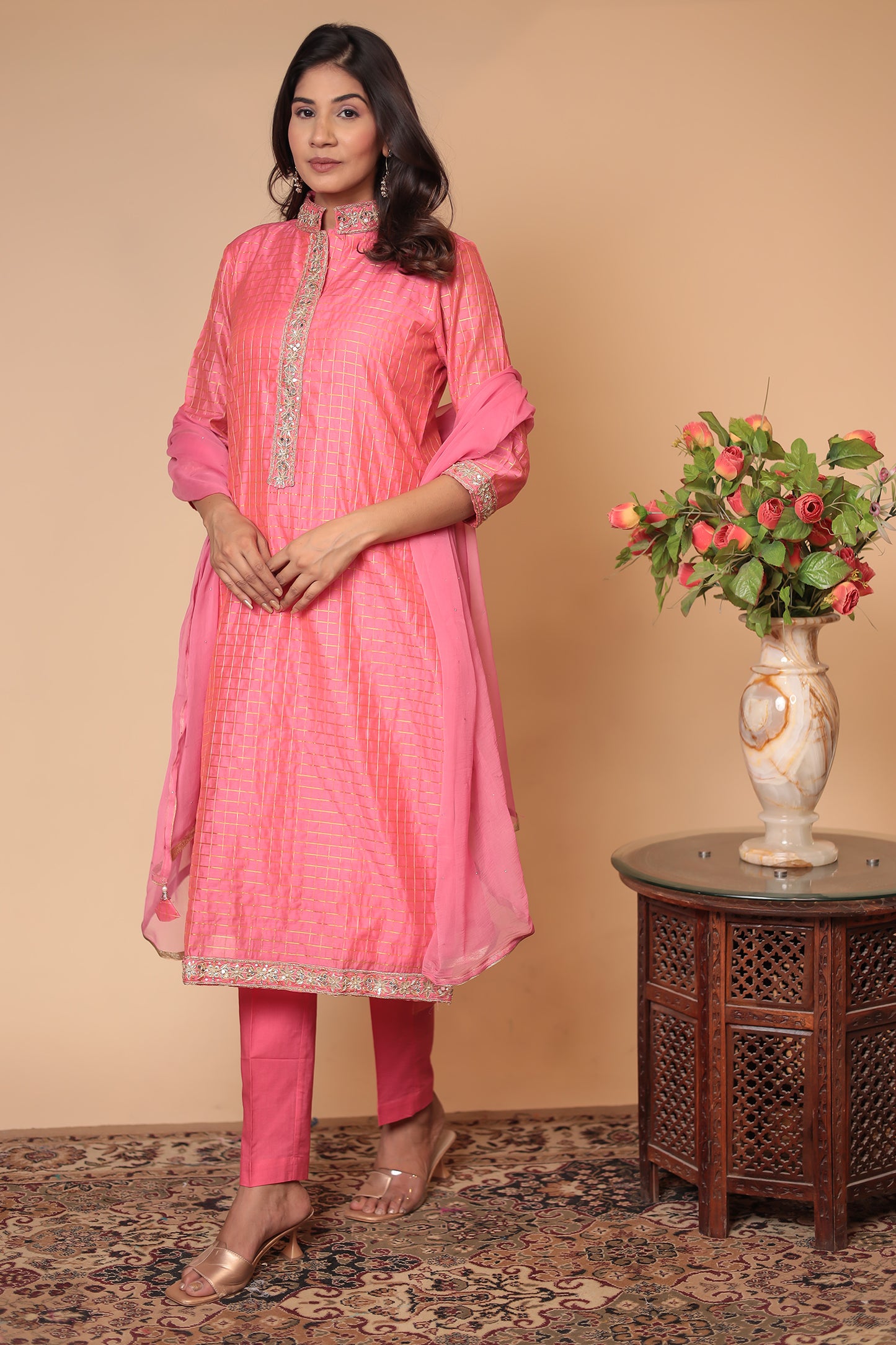 Pink Straight Kurta Set, Party Wear Salwar Kameez, Festive Indian Outfit with Dupatta