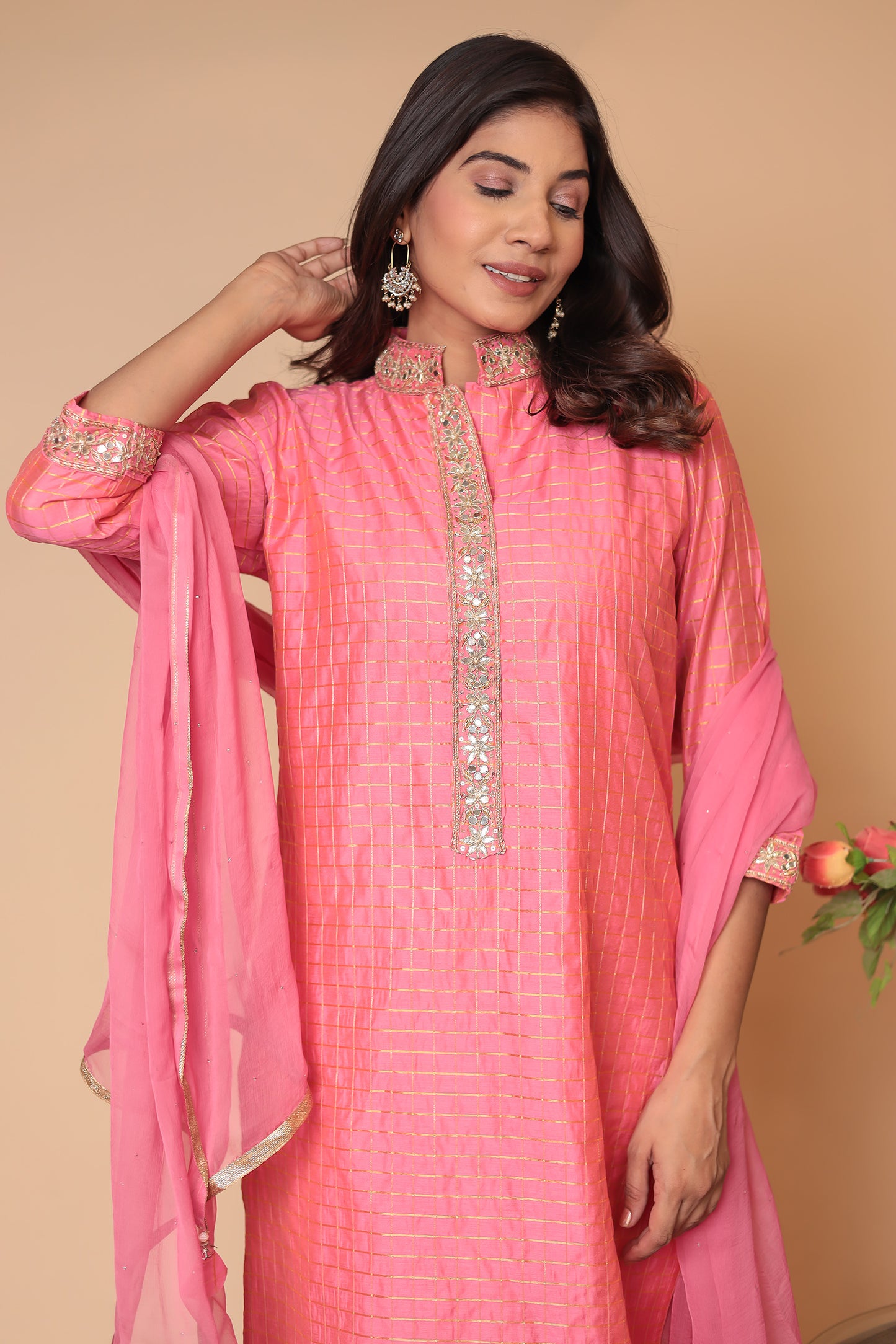 Pink Straight Kurta Set, Party Wear Salwar Kameez, Festive Indian Outfit with Dupatta