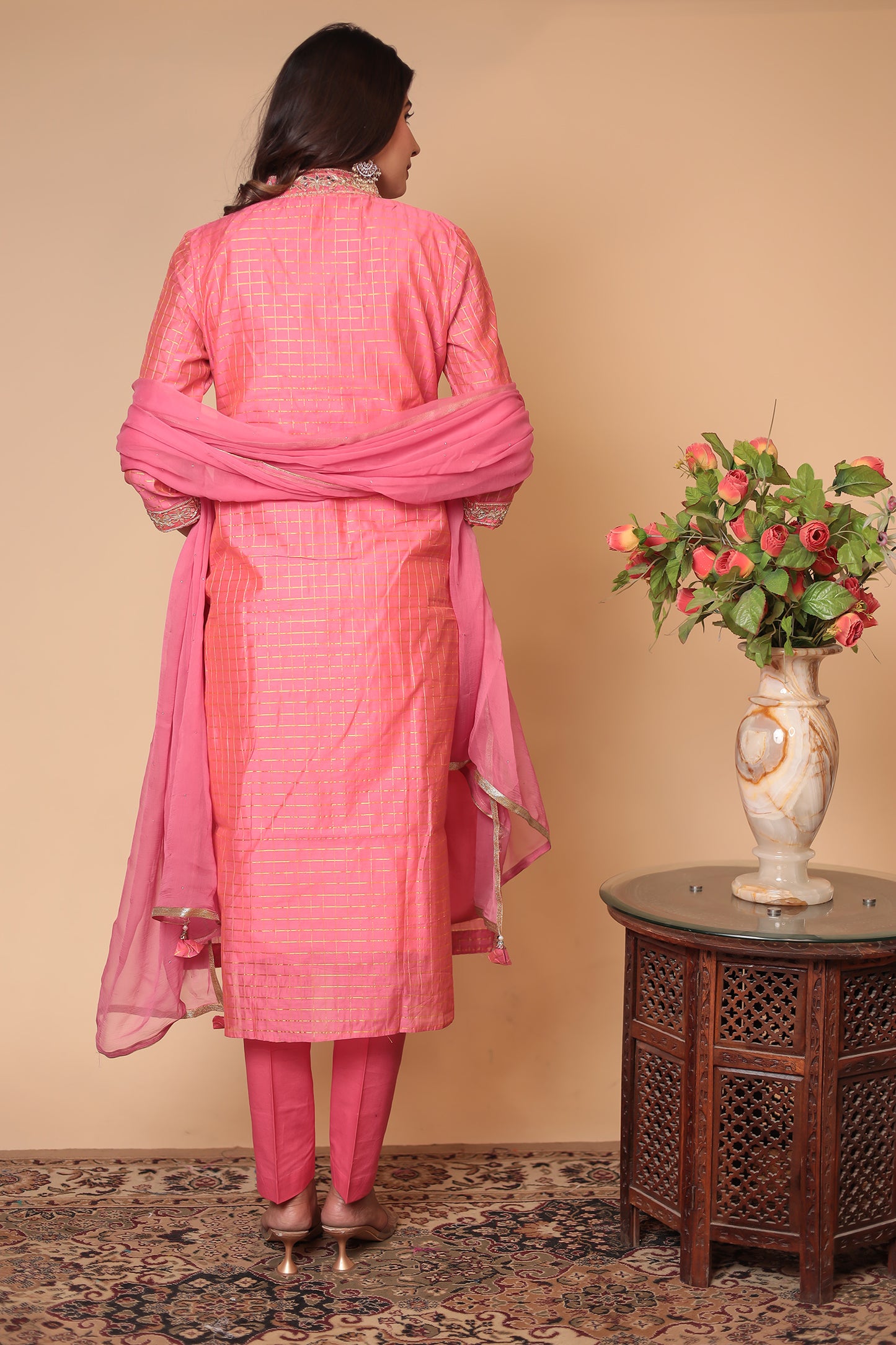Pink Straight Kurta Set, Party Wear Salwar Kameez, Festive Indian Outfit with Dupatta