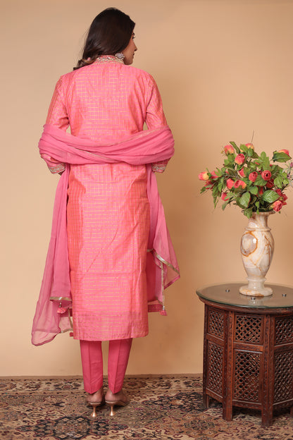 Pink Straight Kurta Set, Party Wear Salwar Kameez, Festive Indian Outfit with Dupatta