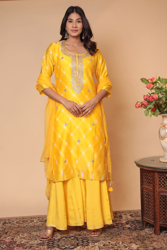 Yellow Chanderi Silk Sharara Set: Gota Patti Indian Suit
