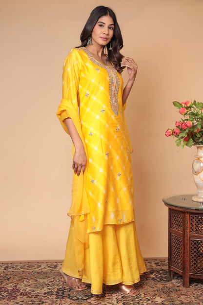 Yellow Chanderi Silk Sharara Set: Gota Patti Indian Suit