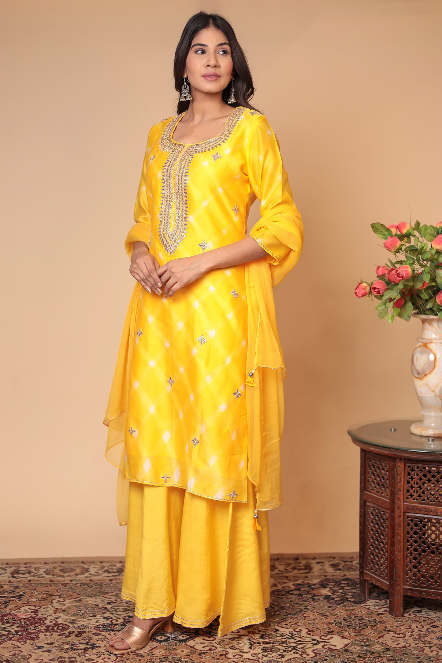Yellow Chanderi Silk Sharara Set: Gota Patti Indian Suit