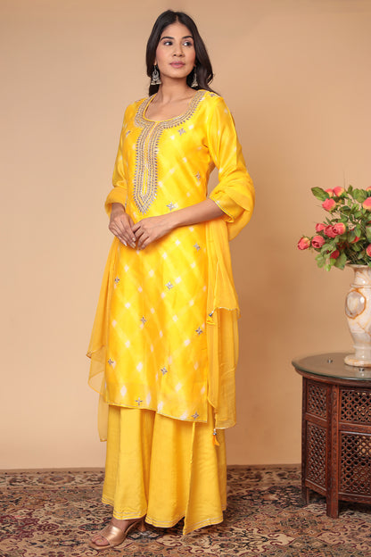Yellow Chanderi Silk Sharara Set: Gota Patti Indian Suit