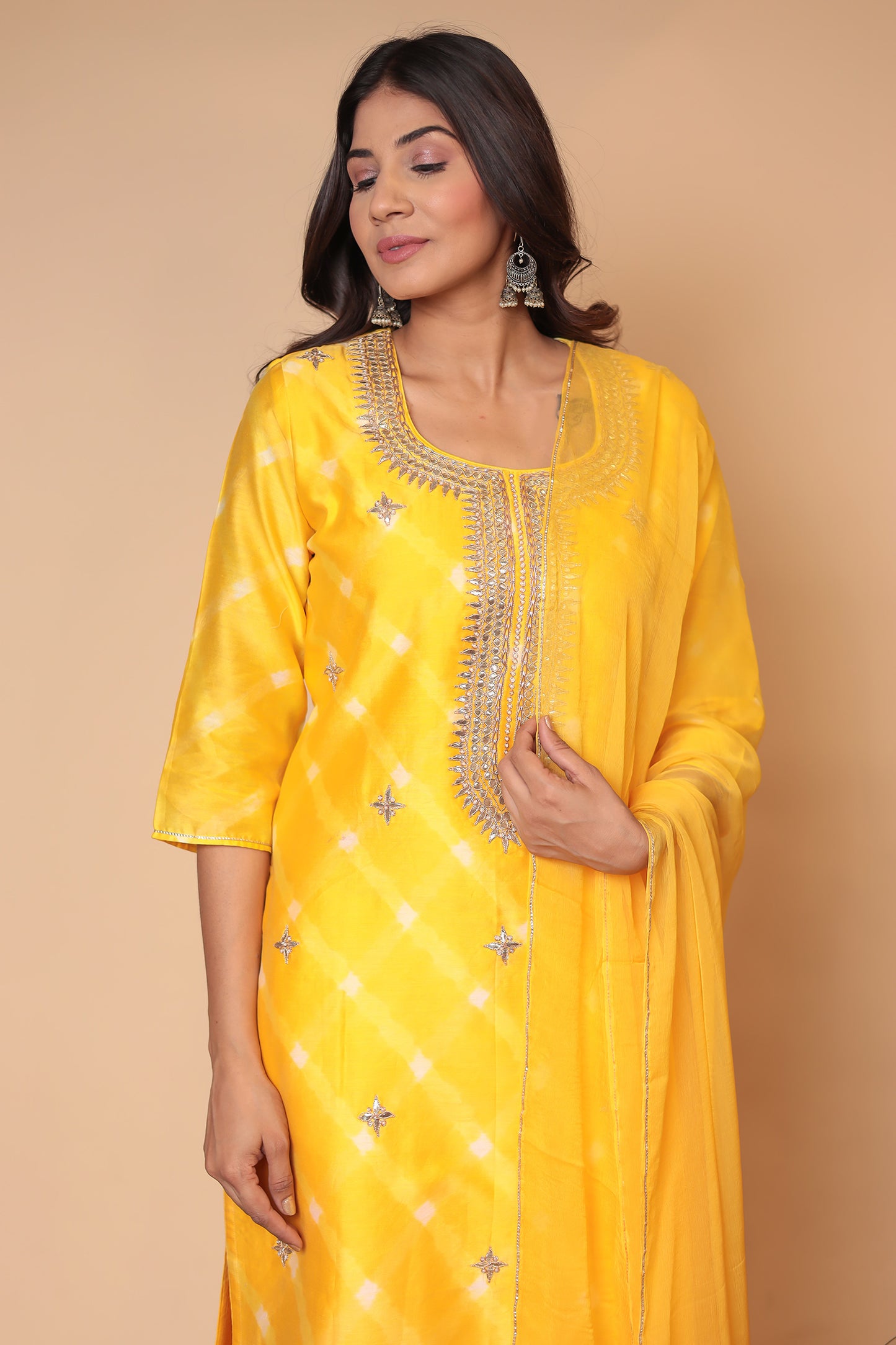 Yellow Chanderi Silk Sharara Set: Gota Patti Indian Suit