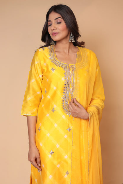 Yellow Chanderi Silk Sharara Set: Gota Patti Indian Suit