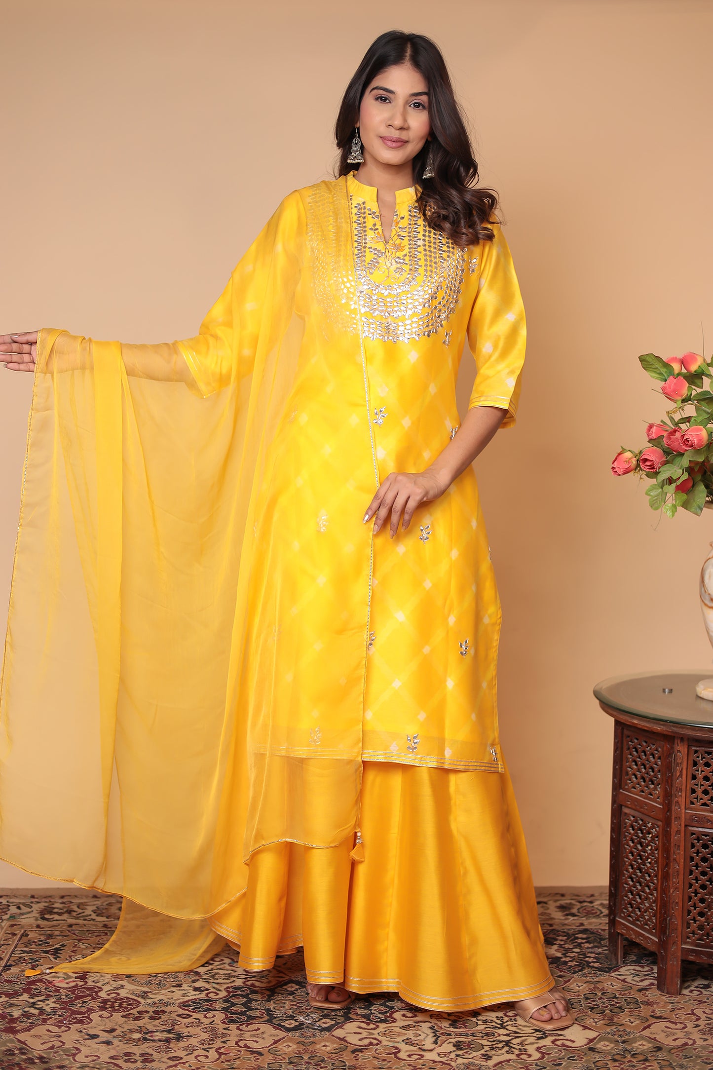 Yellow Chanderi Silk Sharara Set: Hand Zari Embroidery, Indian Festive Outfit
