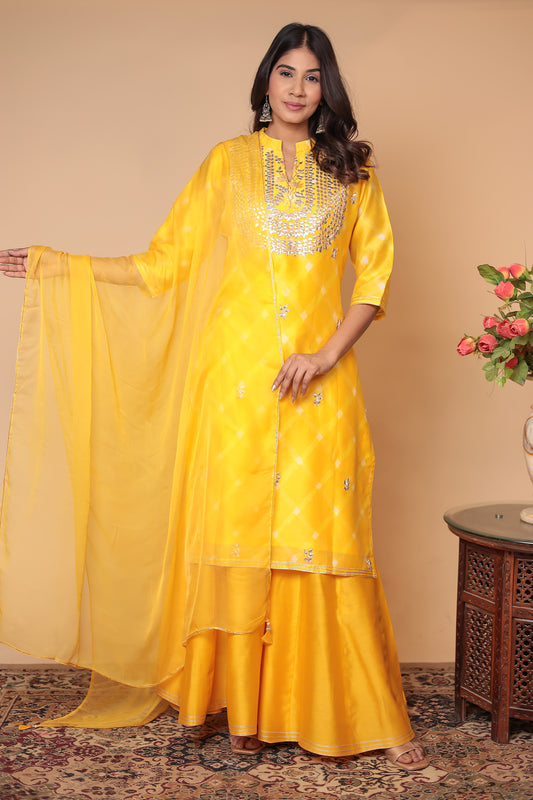 Yellow Chanderi Silk Sharara Set: Hand Zari Embroidery, Indian Festive Outfit