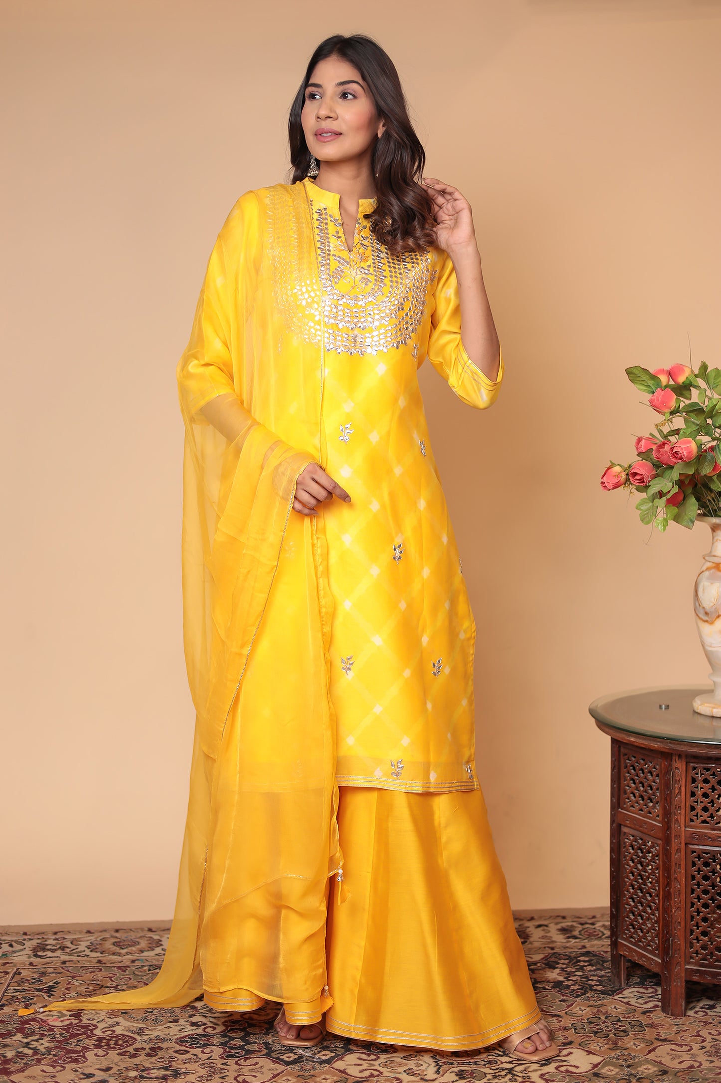 Yellow Chanderi Silk Sharara Set: Hand Zari Embroidery, Indian Festive Outfit