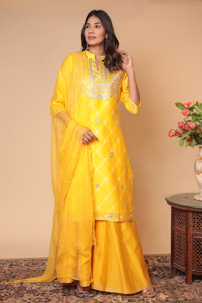 Yellow Chanderi Silk Sharara Set: Hand Zari Embroidery, Indian Festive Outfit