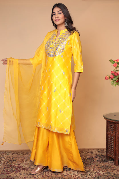 Yellow Chanderi Silk Sharara Set: Hand Zari Embroidery, Indian Festive Outfit