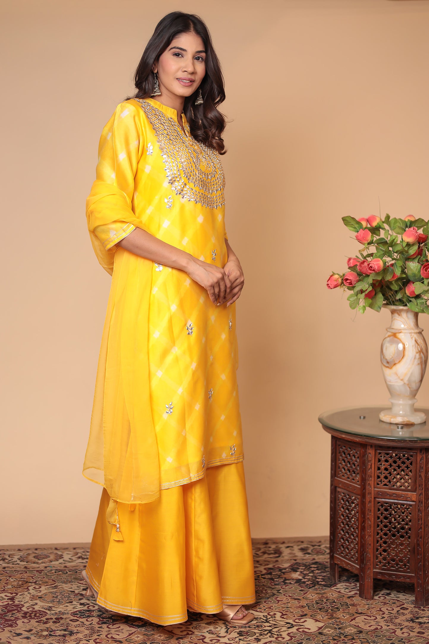 Yellow Chanderi Silk Sharara Set: Hand Zari Embroidery, Indian Festive Outfit
