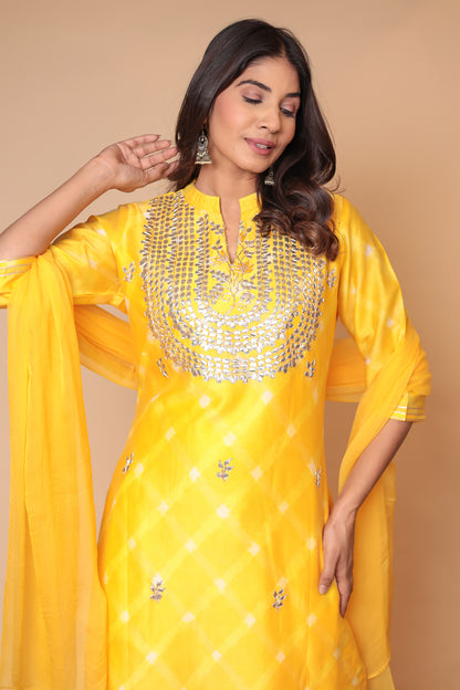 Yellow Chanderi Silk Sharara Set: Hand Zari Embroidery, Indian Festive Outfit