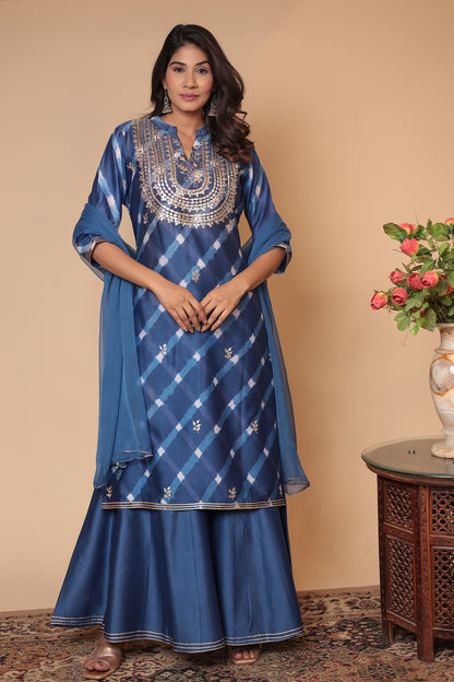 Blue Chanderi Silk Sharara Set: Zari Sequin Embroidery, Indian Ethnic Suit