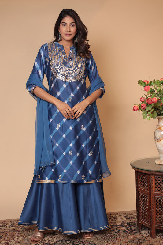 Blue Chanderi Silk Sharara Set: Zari Sequin Embroidery, Indian Ethnic Suit