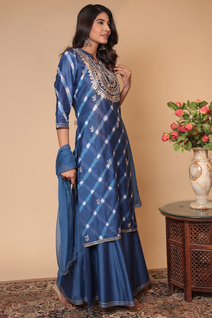 Blue Chanderi Silk Sharara Set: Zari Sequin Embroidery, Indian Ethnic Suit