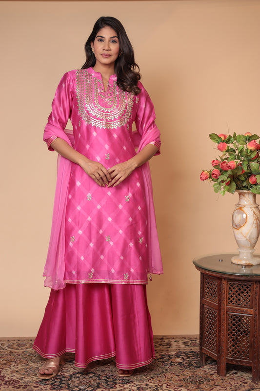 Pink Chanderi Silk Sharara Set: Zardozi Hand Embroidery Indian Outfit