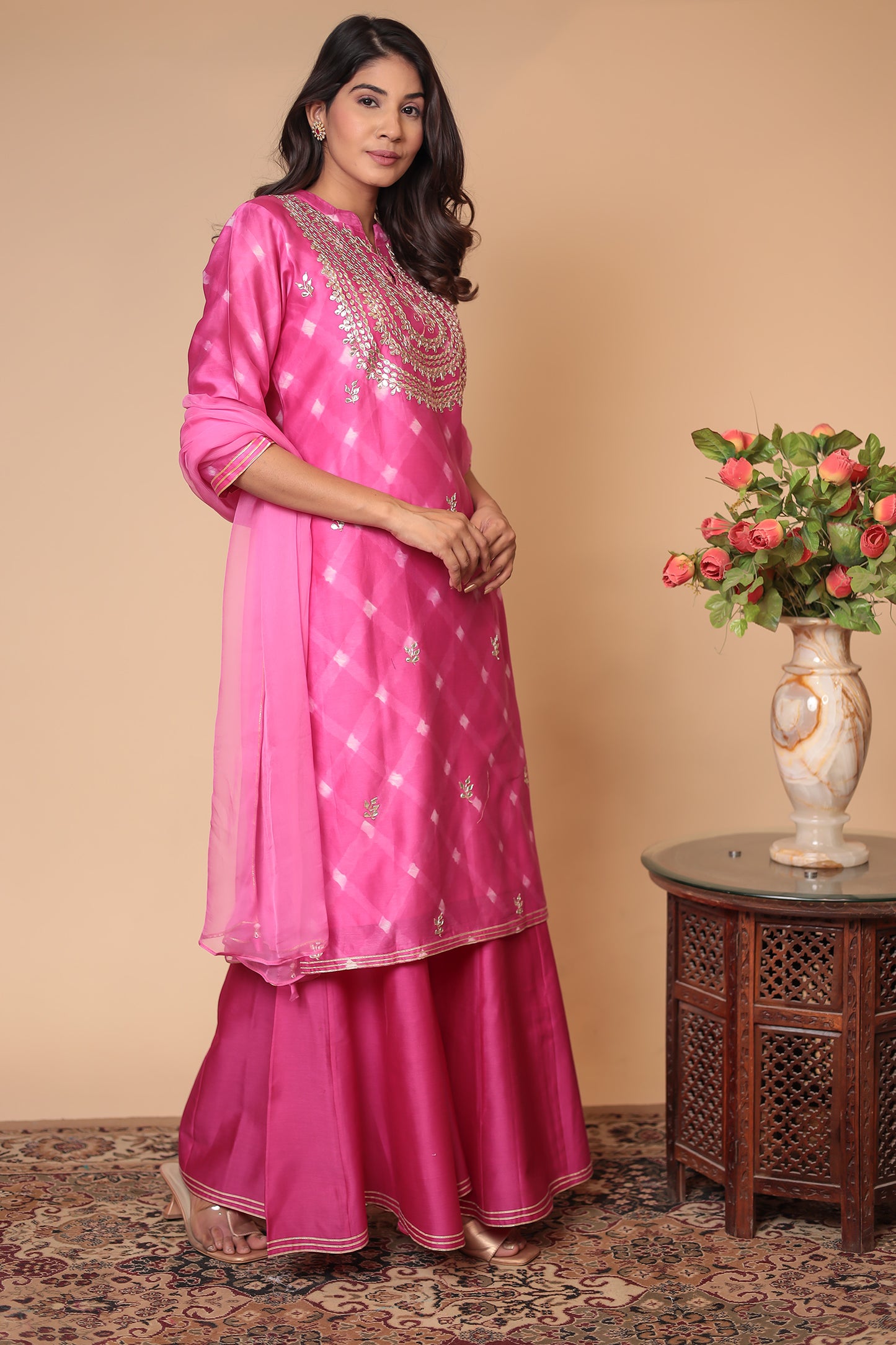 Pink Chanderi Silk Sharara Set: Zardozi Hand Embroidery Indian Outfit