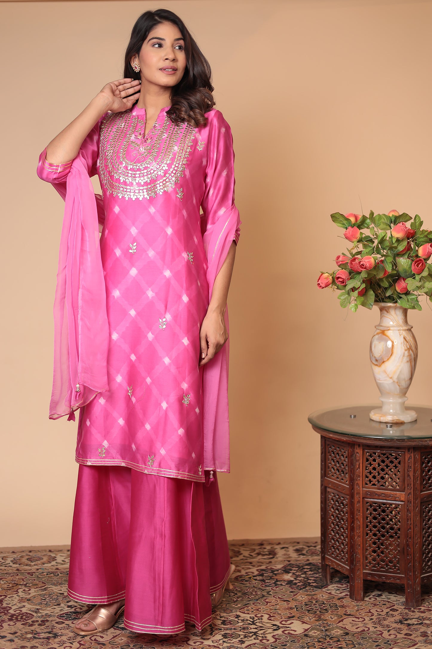 Pink Chanderi Silk Sharara Set: Zardozi Hand Embroidery Indian Outfit