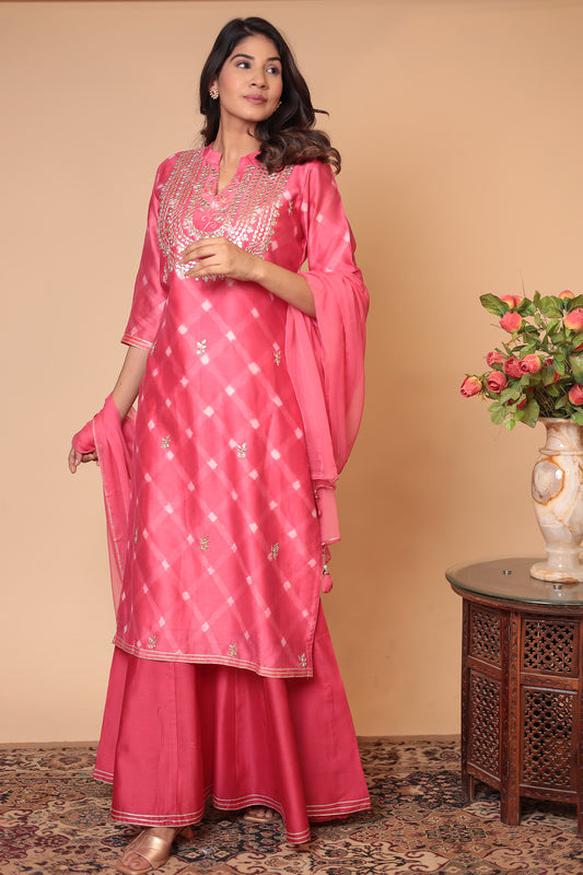 Pink Chanderi Silk Sharara Set: Handcrafted Zardozi Indian Outfit