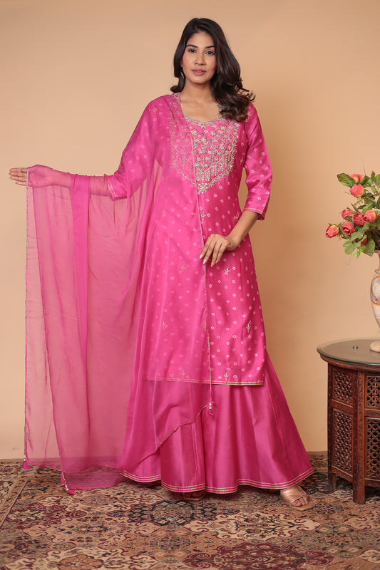 Pink Chanderi Silk Sharara Set: Zardozi Handwork Indian Outfit