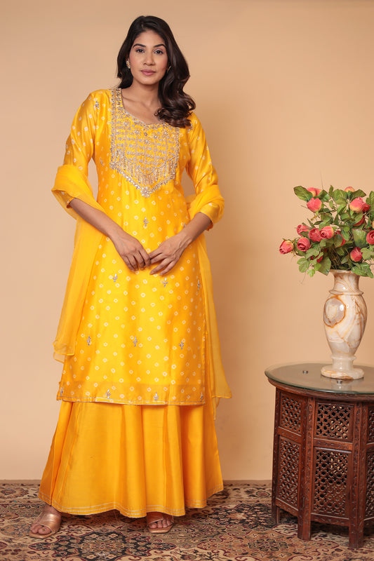 Yellow Chanderi Silk Sharara Set: Zardozi Work Indian Outfit