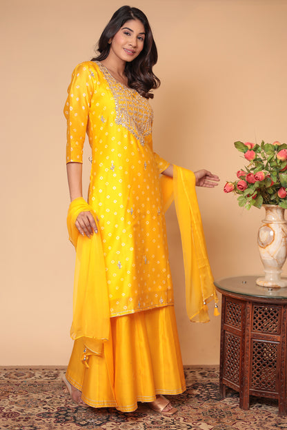 Yellow Chanderi Silk Sharara Set: Zardozi Work Indian Outfit