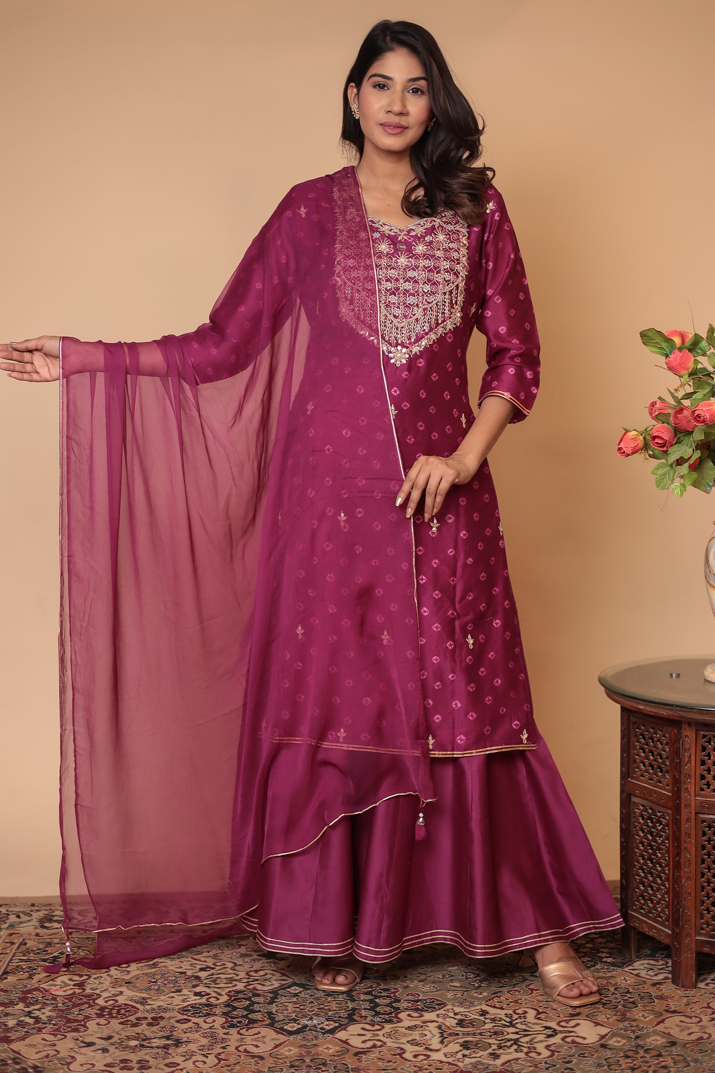 BLUSHNAAZ Wine Pure Chanderi Silk Sharara Set, Handcrafted Gotta Patti, Festive & Wedding Party Outfit