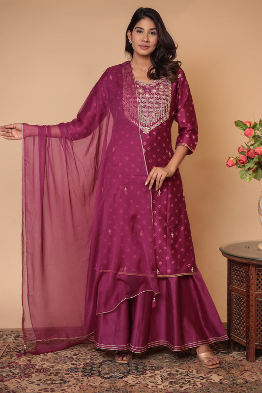 BLUSHNAAZ Wine Pure Chanderi Silk Sharara Set, Handcrafted Gotta Patti, Festive & Wedding Party Outfit