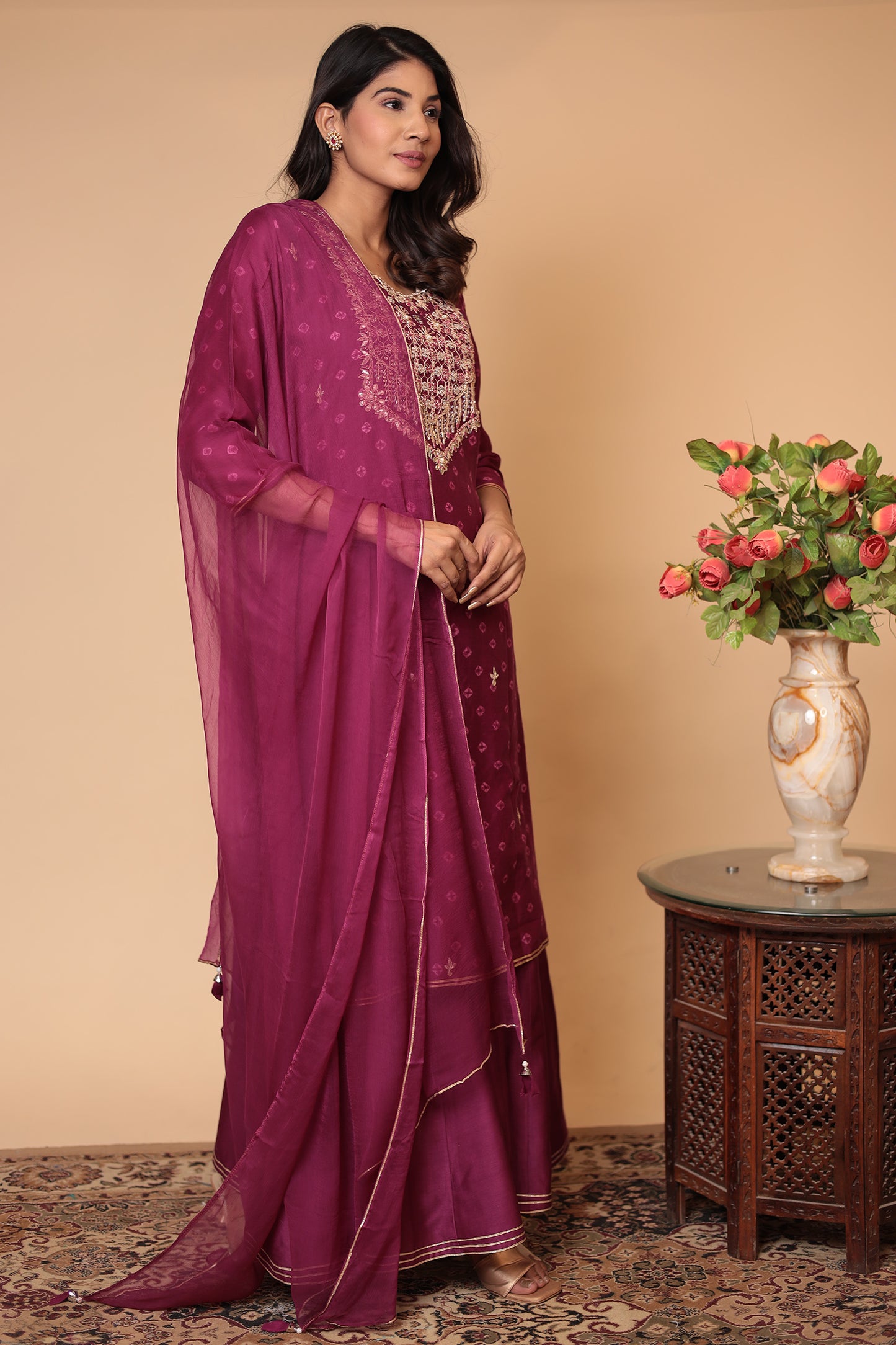 BLUSHNAAZ Wine Pure Chanderi Silk Sharara Set, Handcrafted Gotta Patti, Festive & Wedding Party Outfit