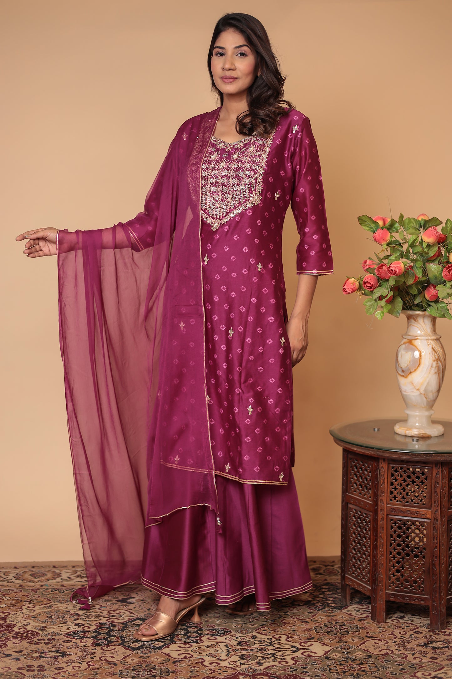 BLUSHNAAZ Wine Pure Chanderi Silk Sharara Set, Handcrafted Gotta Patti, Festive & Wedding Party Outfit
