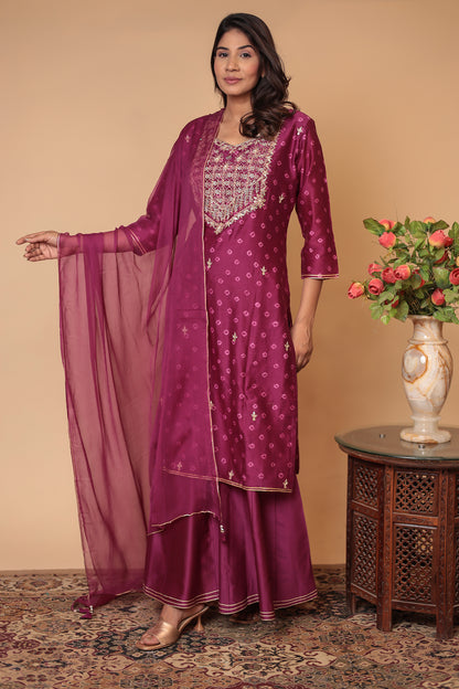 BLUSHNAAZ Wine Pure Chanderi Silk Sharara Set, Handcrafted Gotta Patti, Festive & Wedding Party Outfit