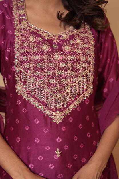 BLUSHNAAZ Wine Pure Chanderi Silk Sharara Set, Handcrafted Gotta Patti, Festive & Wedding Party Outfit