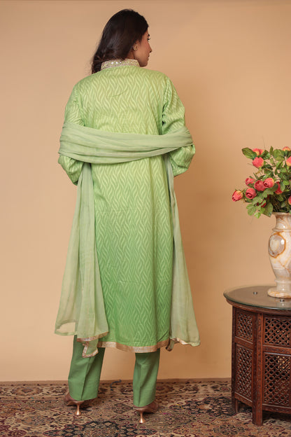 Green Pure Cotton Kurta Salwar Dupatta Set: Gotta Patti Handwork