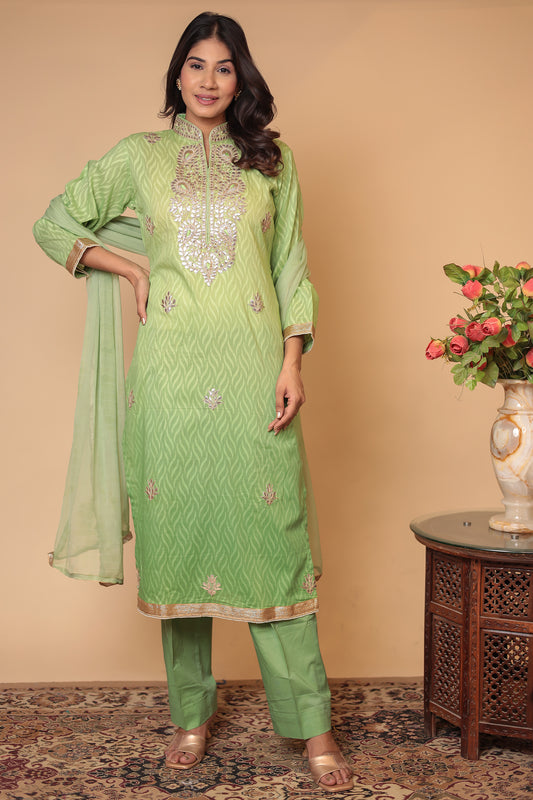 Green Pure Cotton Kurta Salwar Dupatta Set: Gotta Patti Handwork