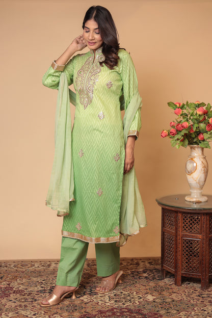 Green Pure Cotton Kurta Salwar Dupatta Set: Gotta Patti Handwork