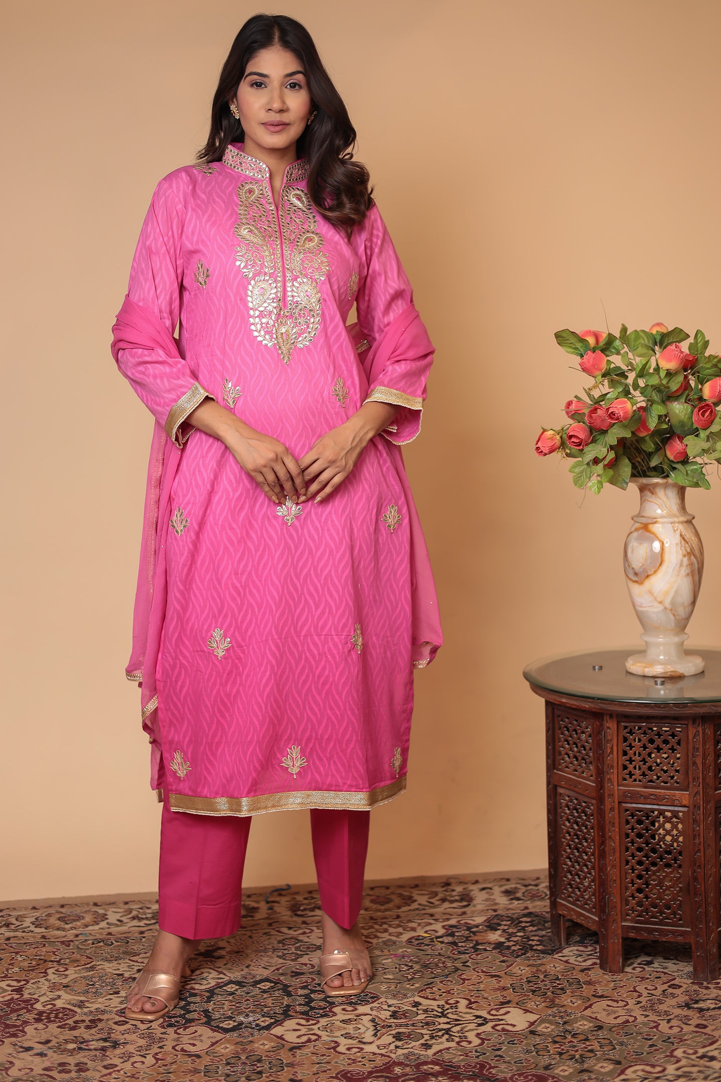 Pink Chanderi Silk Kurta Pant Dupatta Set: Gota Patti Ethnic Wear