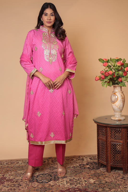 Pink Chanderi Silk Kurta Pant Dupatta Set: Gota Patti Ethnic Wear